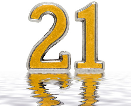 Numeral 21, twenty one, reflected on the water surface, isolated on white, 3d render