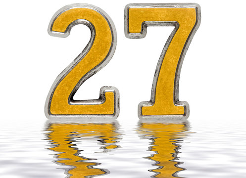 Numeral 27, twenty seven, reflected on the water surface, isolated on white, 3d render