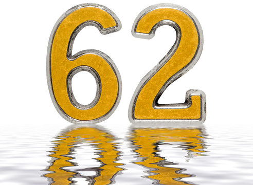 Numeral 62, sixty two, reflected on the water surface, isolated on white, 3d render