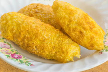 Abstract soft blurred and soft focus the grilled sticky rice with eggs,local food in Thailand