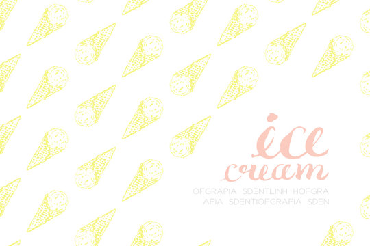 Ice cream scoop cone pattern hand drawing illustration ink brush style yellow color and ice cream text pink color isolated on white background, with copy space