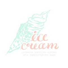 Ice cream soft serve logo icon hand drawing illustration ink brush style green color and ice cream text pink color isolated on white background, with copy space