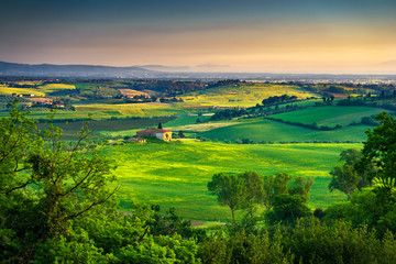 Fototapeta na wymiar Maremma, rural sunset landscape. Countryside old farm and green field. Tuscany, Italy.