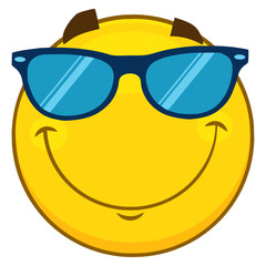 Smiling Yellow Cartoon Emoji Face Character With Sunglasses. Illustration Isolated On White Background