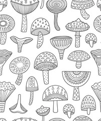 Mushrooms ink seamless pattern. Coloring book page