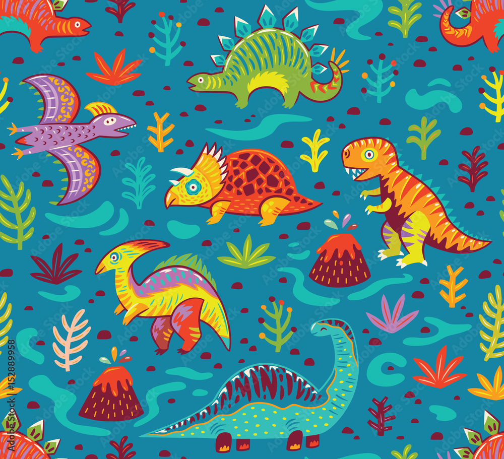 Wall mural seamless pattern with cartoon dinosaurs