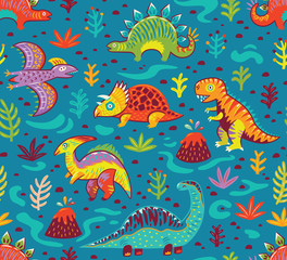 Obraz premium Seamless pattern with cartoon dinosaurs