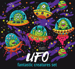 Fantastic creatures set in the galaxy. Funny monsters background