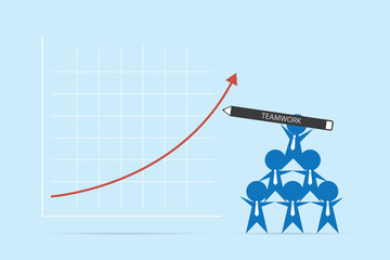 businessmen holding pen to write red arrow up, teamwork and business concept