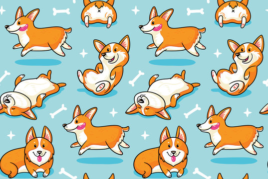 Corgi seamless pattern. Funny background with cartoon dogs