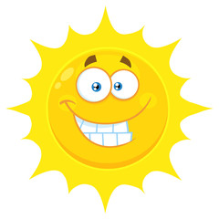 Funny Yellow Sun Cartoon Emoji Face Character With Smiling Expression. Illustration Isolated On White Background