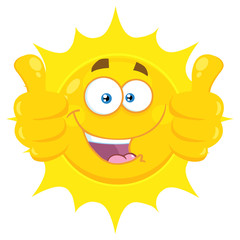 Smiling Yellow Sun Cartoon Emoji Face Character Giving Two Thumbs Up. Illustration Isolated On White Background