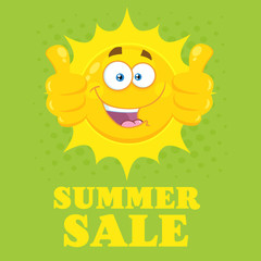 Happy Yellow Sun Cartoon Emoji Face Character Giving Two Thumbs Up. Illustration With Green Halftone Background And Text Summer Sale