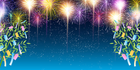 Naklejka premium 七夕 竹 花火 背景
