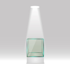 Glass box under spotlight. Vector illustration