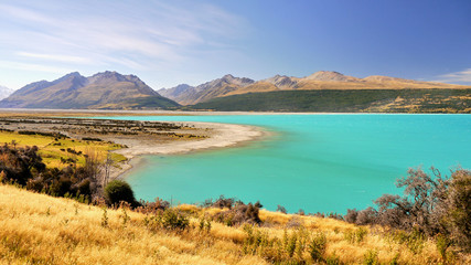 Lake Pukaki, gorgeous color glacial lake in New Zealand