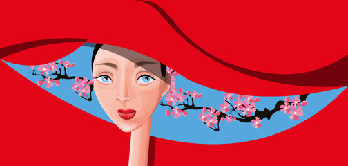 vector illustration with a beautiful young woman in red hat with flowers 