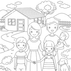 Family Standing Front Their Home In Doodle Style, House, Building, Landscape, Relationship, Lifestyle 
