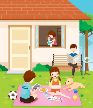 Happy Family Relaxing With Activities At Their Home, House, Building, Landscape, Relationship, Lifestyle 