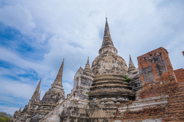Fototapeta na wymiar Ruins of buddha statues and pagoda of Wat Phra Si Sanphet in Ayutthaya historical park, Thailand