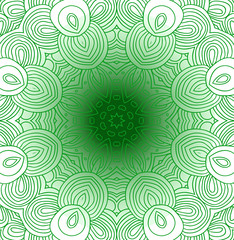 Uncolored green symmetric tracery for colouring. Can be used as adult coloring book, coloring page, card, invitation. Sacred geometry