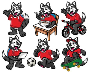 cartoon character set of cute little siberian husky dog