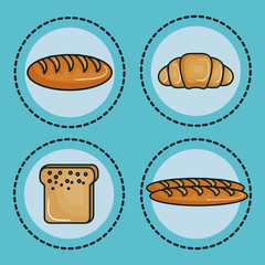Different types of bread stickers over teal background. Vector illustration.