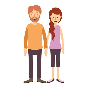 colorful image caricature full body couple woman with ponytail side hair and man in casual clothing vector illustration