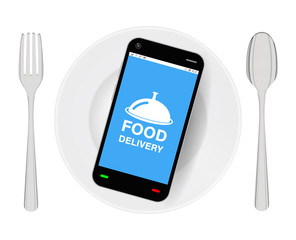 smartphone with food delivery on dish with folk and spoon