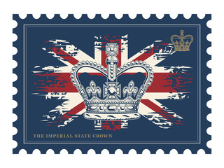 Postage stamp with imperial state crown on UK flag background. Vector illustration, isolated on white.