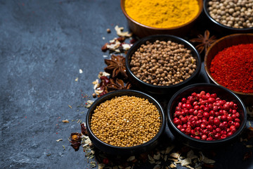 aromatic oriental spices in assortment on dark background