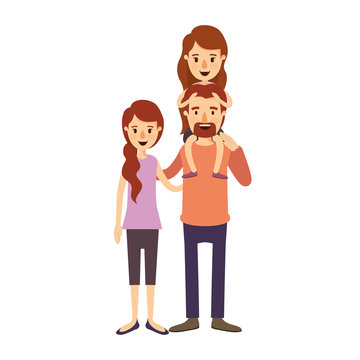 colorful image caricature family with mother and father with moustache and girl on his back vector illustration