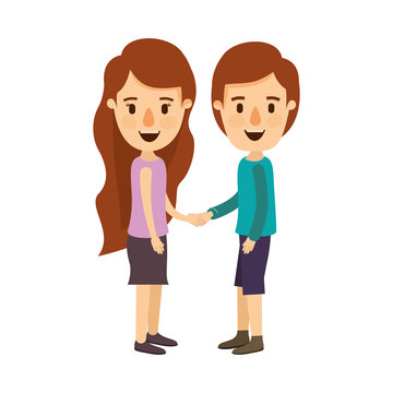 colorful image caricature side view full body couple in casual clothing handshake vector illustration