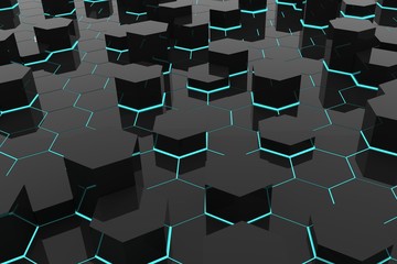 blue light abstract background in black hexagons geometric style in 3D rendering