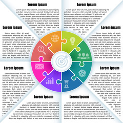 Sheet with infographic template with place for description. 8 colorful parts of the chart  with icon and  puzzle element. For presentation and design concept. Vector illustration.