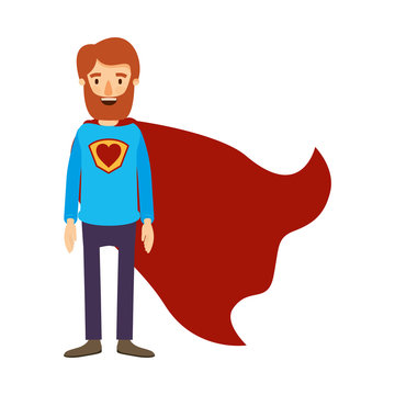 colorful image caricature full body bearded super man hero with heart symbol in uniform vector illustration