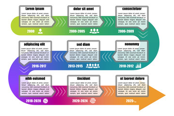 Timeline infographic template with 9 steps. Grey color rectangular elements with color arrow and icons. Vector illustration.