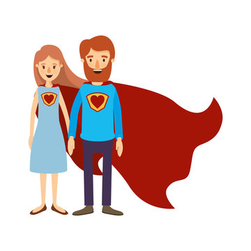 colorful image caricature full body couple parents super hero with uniform and cap vector illustration