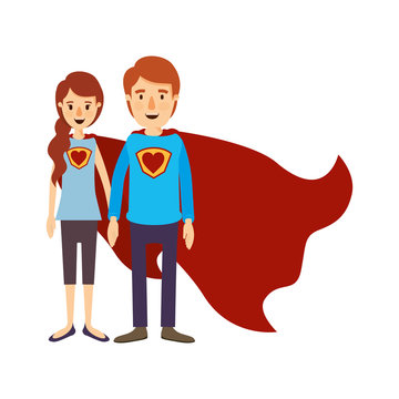 colorful image caricature full body couple youngs super hero with uniform and cap vector illustration