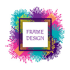 Retro style abstract square frame with dots, splashes, rounds. Decorative design for cover, brochure, card, poster, invitation, placard, flyer. Vector illustration.