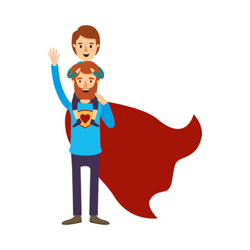 colorful image caricature full body super dad hero with boy on his back vector illustration