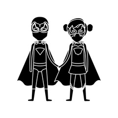 silhouette black front view superhero guy and girl with costumes taken hands vector illustration