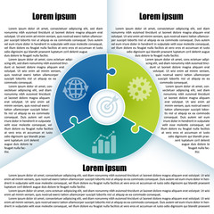 Sheet with infographic template with place for description. 3 colorful parts of the chart  with icon and  puzzle element. For presentation and design concept. Vector illustration.