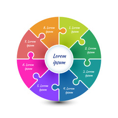 Circle infographic template with 8 steps and central element. Colorful parts of the chart  with puzzle elements. For presentation and design concept. Vector illustration.