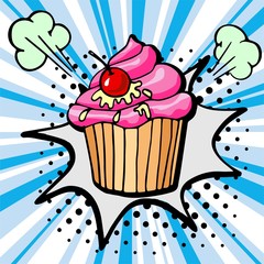 Hand drawn cupcake with cherry. Vector Fast Food sketch. Comic book style, pop art retro vector illustration.