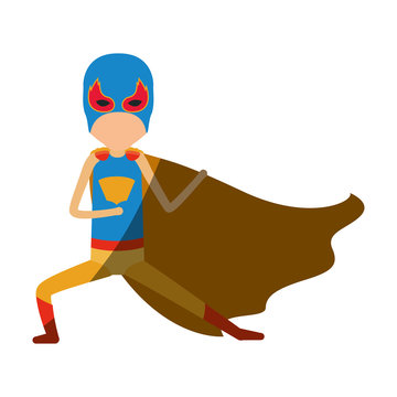 colorful silhouette with faceless kid superhero in defensive pose with shading vector illustration