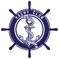 Naklejka premium Anchor and wheel emblem sign symbol vector illustration sketch isolated on white background