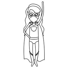 monochrome contour faceless of superhero girl with long hair flying with arm up vector illustration