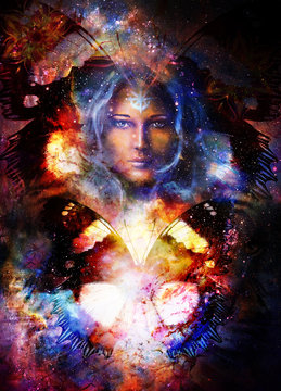 Goddess Woman and butterfly in Cosmic space. Cosmic Space background. eye contact.