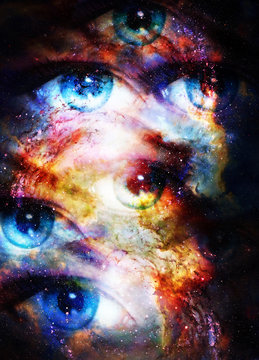 Woman eyes in cosmic background. Painting and graphic design.